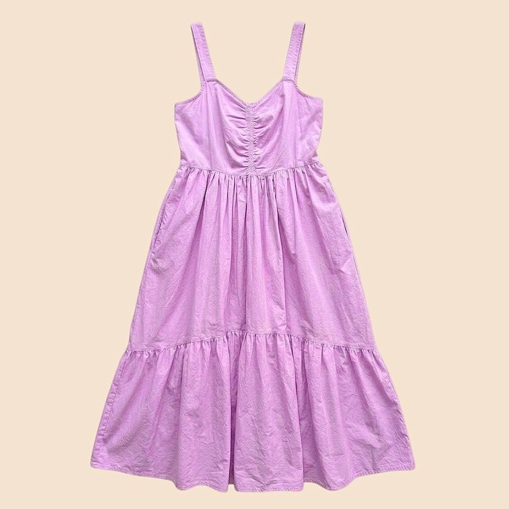 Pink Cotton Poplin Midi Dress With Pockets size MEDIUM Stretchy Summer Brunch